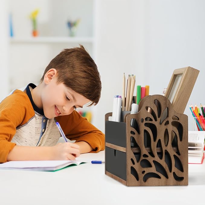 Desk Organizer with Drawer Wood File Office Mail Organizer Countertop-5 Slot Tabletop Storage Pen Organizer Letter Holder for School Home Office Supplies