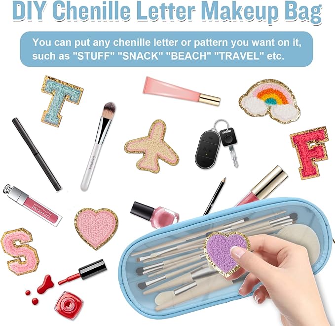 Small Clear Makeup Bag Slim Pencil Pouch, Cute Pencil Case Makeup Bag Preppy Cosmetic Zipper Pouch for Purse, Transparent PVC & Nylon Travel Toiletry Clutch Coin Pouch Makeup Brush Bag for Women(Blue)