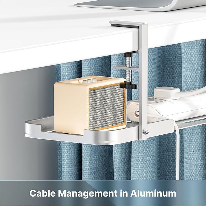 Mavens Under Desk Cable Management Tray, 13.7" No Drill Aluminum Alloy Cord Organizer with Clamps for Wire Management, Cord Organizers for Home Office Standing Desk (Elegant Silver)