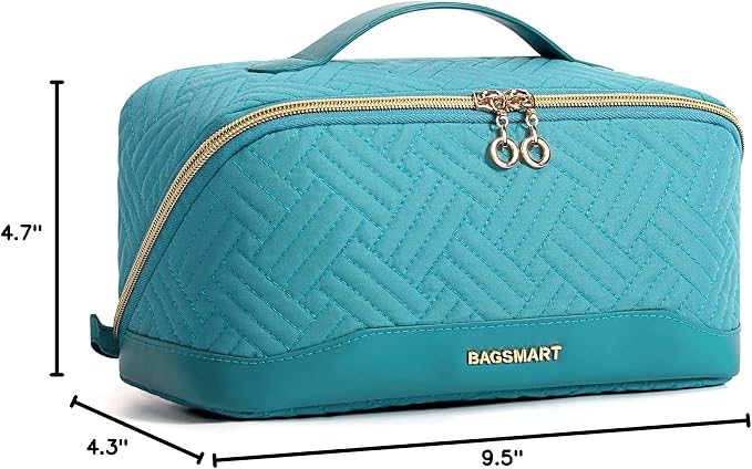 BAGSMART Makeup Bag Cosmetic Bag, Travel Makeup Bag,Water-resistent Makeup Bags for Women Portable Pouch Open Flat Make Up Organizer Bag for Toiletries, Brushes, Teal