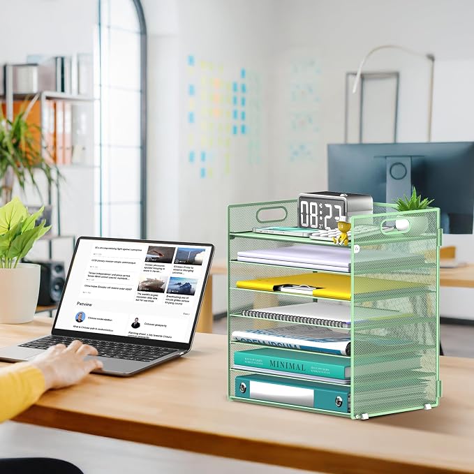 7 Tier Paper Organizer - Mesh Desktop File Holder with Handles for Office School Desk, Black (Mint green)