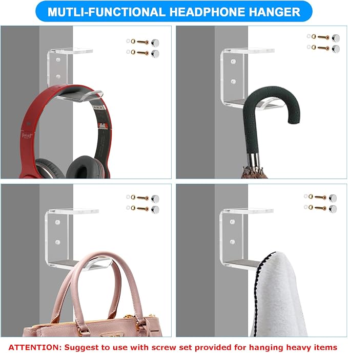 Cosmos 2 Pcs Headphone Hanger Mount Under-Desk Headset Hanger Hook Earphone Holder Wall Mount Hooks with Adhesive Tape & Screw Set Compatible with PC Gaming DJ Headset, Acrylic (Transparent Clear)