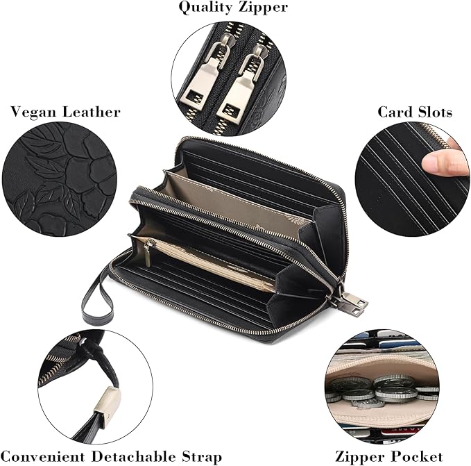 GAEKEAO Wallet for Women Clutch RFID Blocking Wristlet Leather Purse Large Capacity Credit Card Holder with Grip Hand Strap