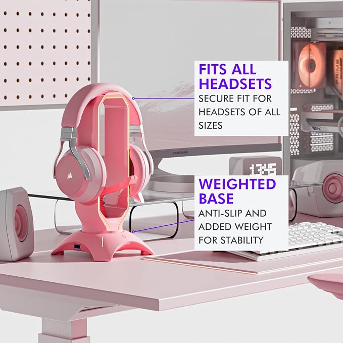 Tilted Nation Cute Headphone Stand Pink | Headset Stand with RGB, Mouse Bungee Holder, and 2 Port USB Hub Charger - Desk Gaming Accessories