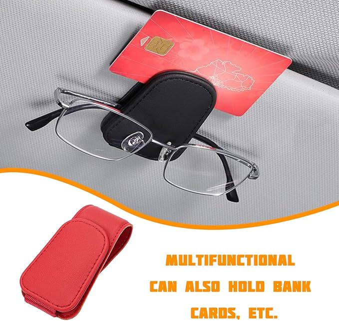 Sunglasses Holder for Car Visor, Microfiber Leather Magnetic Sun Visor Eyeglasses Hanger & Ticket Card Clip, Multi-Function Automotive Interior Glasses Mount, Universal Fit (Red)