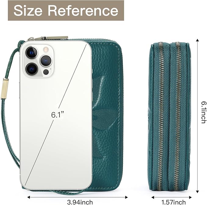 GOIACII Women's Wallet Double Zip Around Credit Card Holder Ladies Wallet Rfid Blocking Wristlet Purse Medium Size Leather Teal