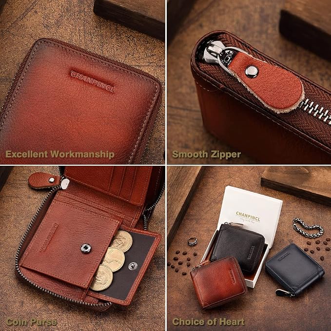 Mens Genuine Leather Zipper Wallet RFID Secure Large Capacity Double Fold Multi-card Leather Wallets for Men and coin purse