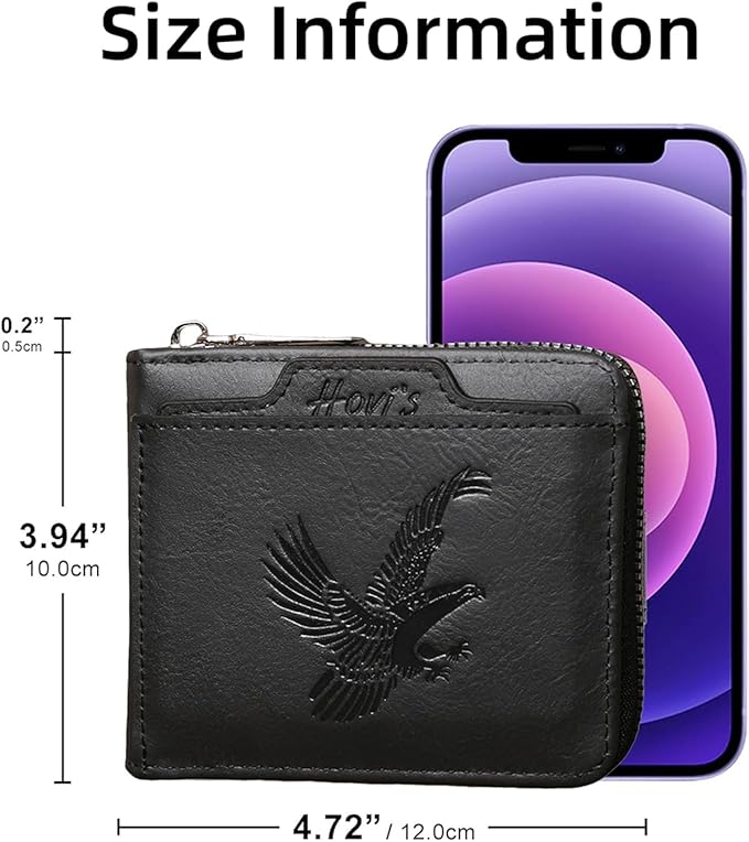 Eagles PU Leather Mens Compact Bifold Wallet, Vintage Zipper Wallet Closure with Detachable Card Case, 2 ID Windows & Snap Coin Pocket for Daily Travel Use