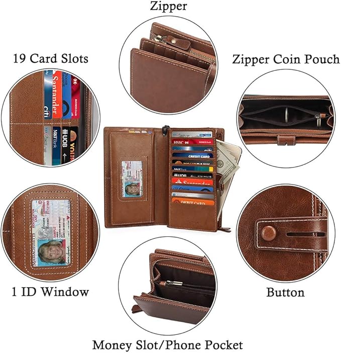 FT FUNTOR Women's Big Fat RFID Blocking Wallet Leather Zip Around Clutch Large Phone Organizer Wristlet