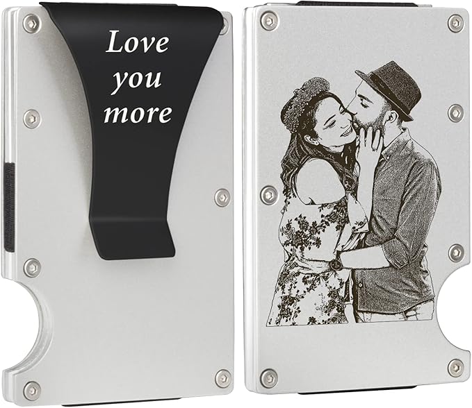 Awofer Men's Personalized Photo Wallets - Custom Picture Aluminum Card Holder Wallets with Money Clip Engraved Gifts for Husband, Boyfriend to Dad, Son, Groomsmen, Bestman