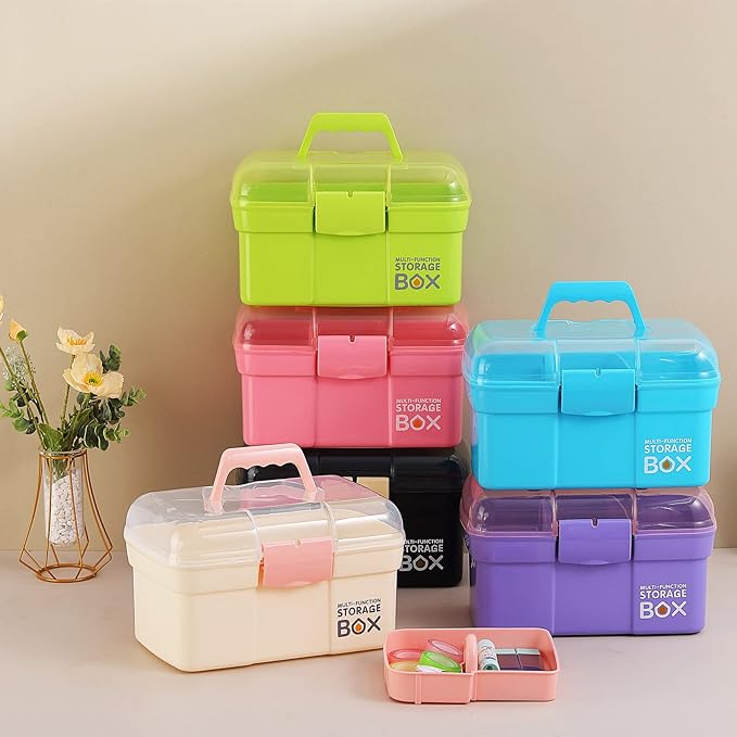 Kinsorcai 11'' Plastic Storage Box with Removable Tray, Multipurpose Organizer for Sewing, Art & Craft, Cosmetic (White)