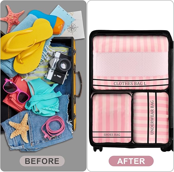9 Set Packing Cubes Luggage Packing Organizers for Travel Accessories Space Saving Travel Bags for Carry On, Lightweight Mesh Zipper, Clothes, Shoes and Laundry Bag, Suitcases (Pink Streak)