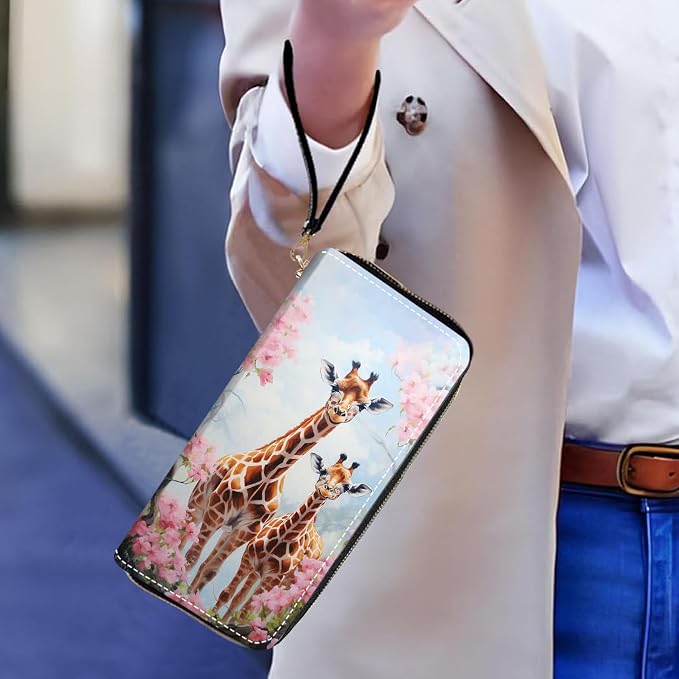 Women's Large Capacity Wallet PU Leather Zip Around Clutch Purse Multifunctional Wallet with Removable Wristlet Strap for Smart Phone/Coin/Card/Cash, Giraffe