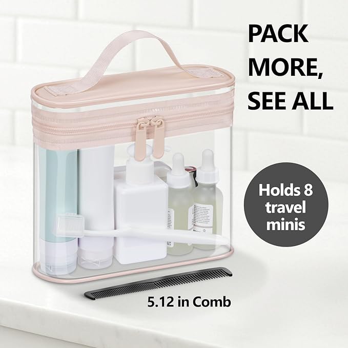PACKISM Clear Toiletry Bag Combo Pack - 1 TSA Approved Medium & 1 Large Makeup Bag for Checked Luggage, Clear PVC Travel Bag with Handle, Dual Metal Zippers, Water Resistant Large Opening, Pink