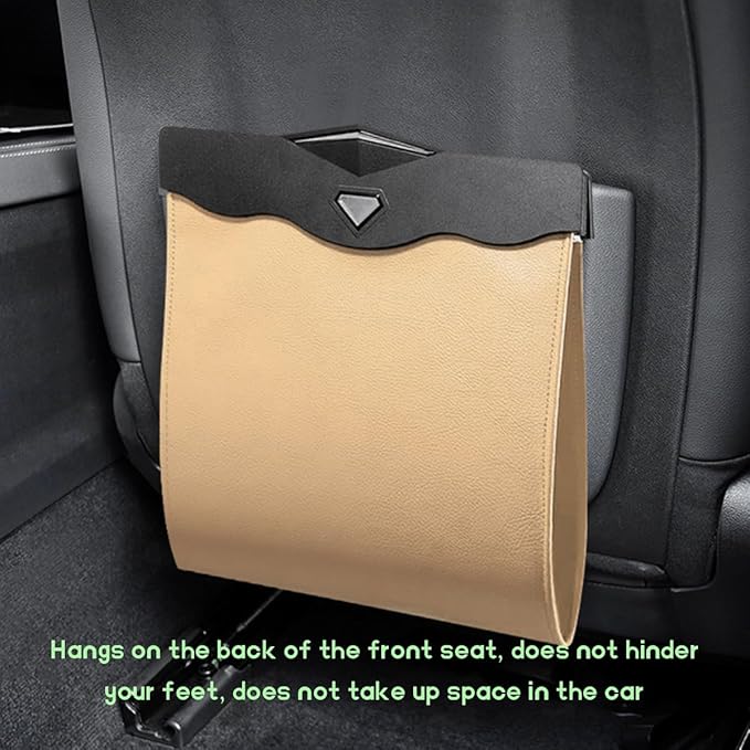 Smart LED Car Trash Can, Magnetic Leather Passenger Side Storage Pocket with Disposable Rubbish Bags, Waterproof Garbage Bag Multipurpose Hanging Container for Back Seat (Beige)