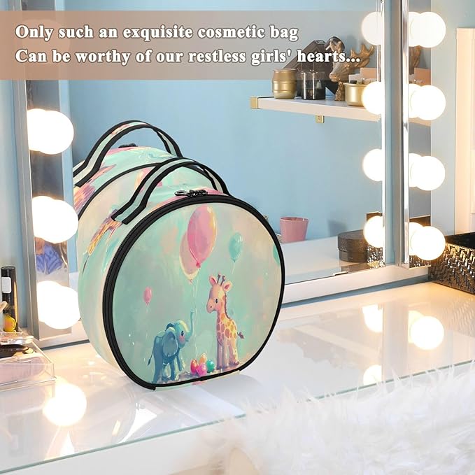 senya Round Cosmetic Pouch Travel Makeup Train Case Elephant Giraffe Makeup Organizer Bag with Adjustable Dividers Portable for Cosmetics Makeup Brushes Toiletry Jewelry Accessories