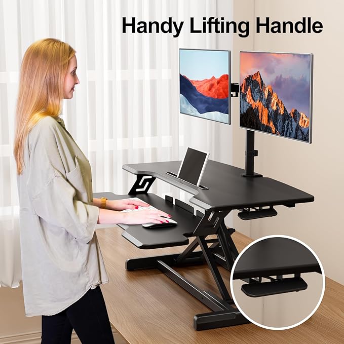 Standing Desk Converter 32 inch, Height Adjustable Sit Stand Desk Riser, Quick Sit to Stand Tabletop Dual Monitor Riser Workstation for Home Office with Keyboard Tray, Black