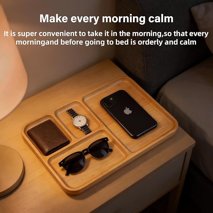 Desk Drawer Organizer Tray Wooden Valet Trinket Catch All Key Nightstand Tray with 4 Deep Dividers, 14x10x1'', Solid Wood Carved