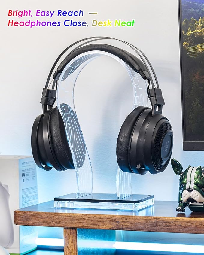 OAPRIRE Acrylic RGB Headphone Stand | Customizable 213 Lighting Modes & 60,000 Colors, Lights Sync with Music Beat, Headset Stand with 4.8ft USB Power Cable & Sturdy Build