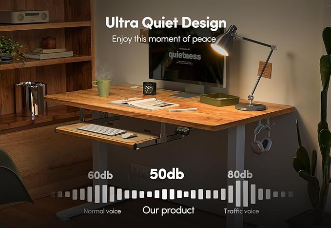BANTI 55" x 24" Height Adjustable Electric Standing Desk with Keyboard Tray, Sit Stand up Desk with Splice Board, White Frame/Light Rustic Brown Top