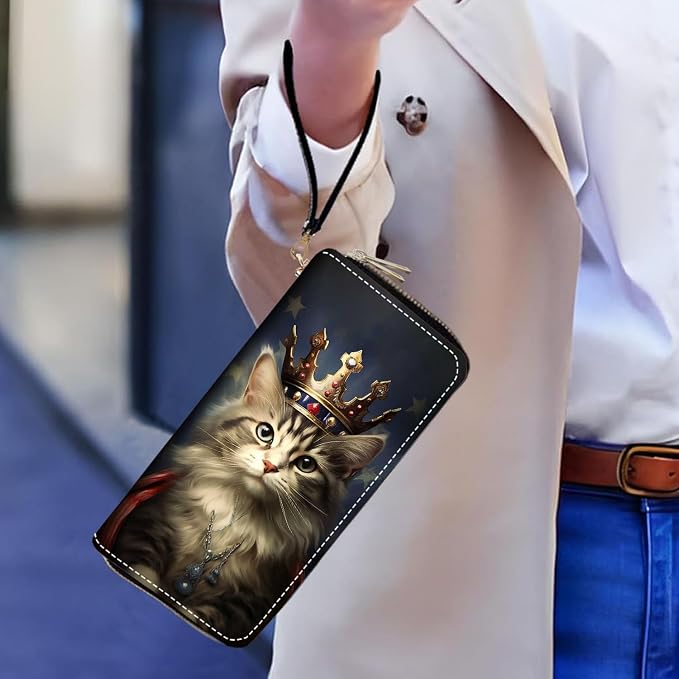 Women's Large Capacity Wallet PU Leather Double Zipper Clutch Purse Multifunctional Wallet with Removable Wristlet Strap for Smart Phone/Coin/Card/Cash, Cat Wearing Crown