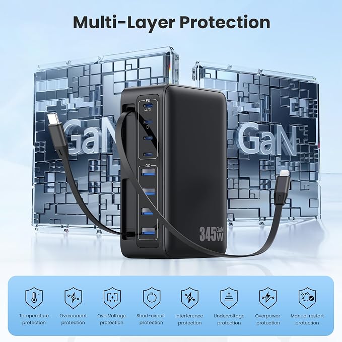 345W USB C Charger 10 in 1 Retractable Wall Charger with 2 Cables,GaN 6 USB C Charging Station Phone Charging PD Laptop Charger Adapter for MacBook Pro/Air,DELL,iPhone17/16/15,Galaxy S24,Android etc