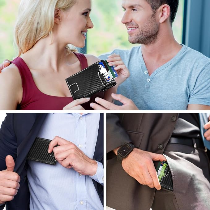 Slim Wallet for Men, Smart Wallet with RFID Blocking - Men's Wallet Minimalist Passport Credit Cards Holder Pop-up Aluminum Wallet Holder, Carbon Fiber Leather Wallet 10 Cards Capacitiy