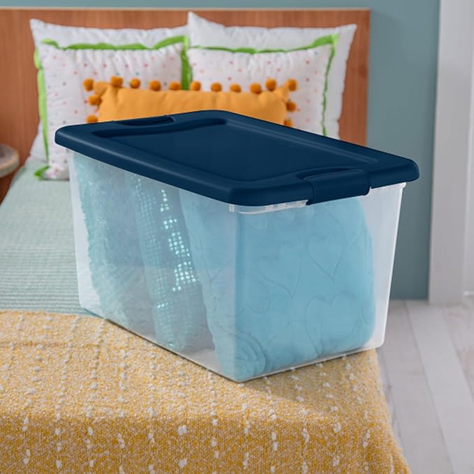 Sterilite 18-Pack Color Program, Large Clear Plastic Storage Bins with Lids, 64 Quart, Blue - Stackable Organizing Container Boxes for Closet, Bathroom, and Office