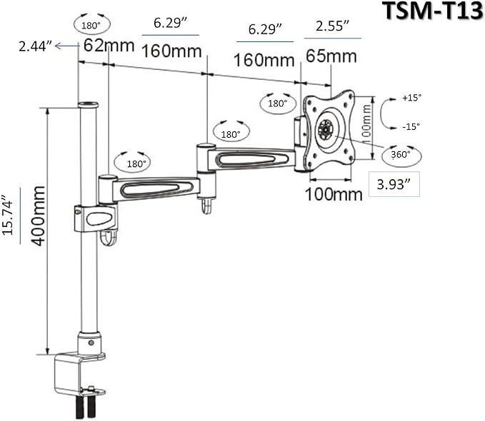 OSD Audio TSM-T13 Home and Office Single Arm Extended Desk Mount for 17-inch to 37-inch Monitor