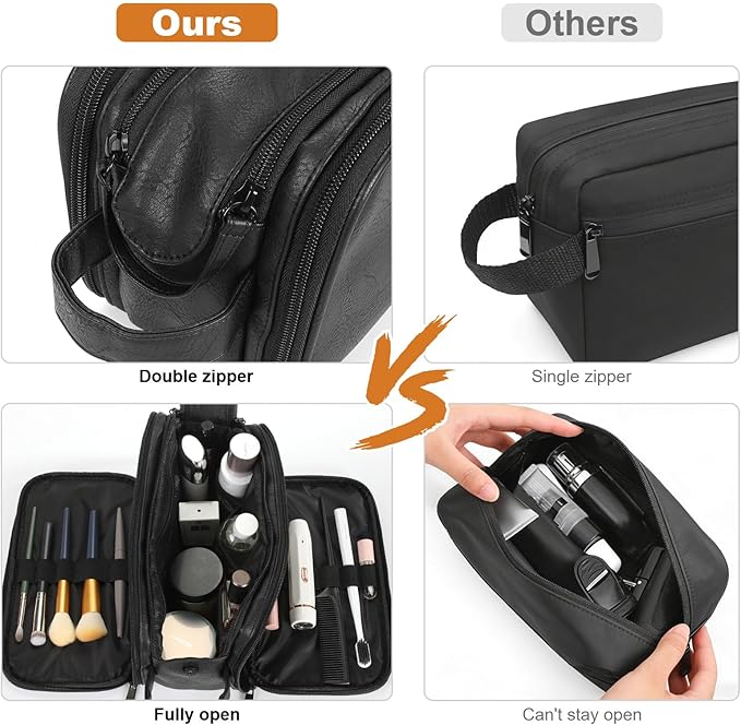 Toiletry Bag for Men and Women, Travel Essentials Shaving Dopp Kit, Travel Bag Toiletries Organizer Case for Grooming, PU Leather Water Resistant Cosmetic Bag Pouch (Black, Medium)