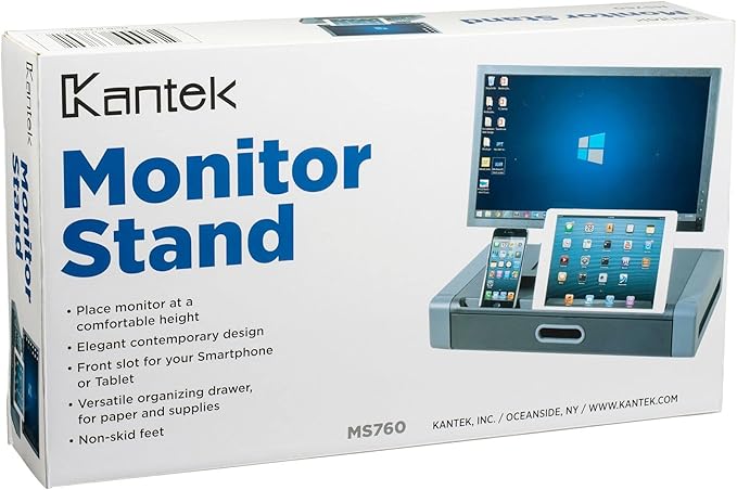 Kantek Monitor Riser with Drawer & Smartphone/Tablet Slot, 19-Inch Wide x 11-Inch Deep x 4-Inch High, Black/Dark Grey (MS760)