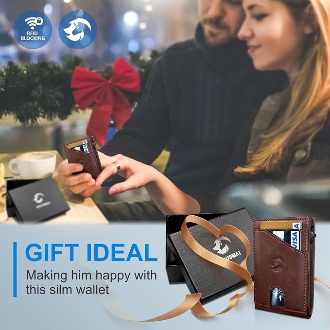 Wallet for Men, Slim Pop Up Card Holder with RFID Blocking, Minimalist Bifold Wallet with 9 Card Slots, ID Window and Cash Pocket, Metal Flip Case with Magnetic Closure, Gift Box