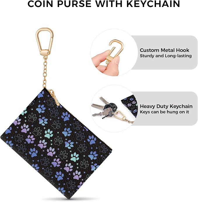 Dog Paw Cute Keychain Coin Purse for Women, Small PU Leather Change Pouch, Zipper Little Travel Credit Card Wallet for Girls, Tiny Zip Pocket Coin Holder with Key Ring for Ladies Gifts