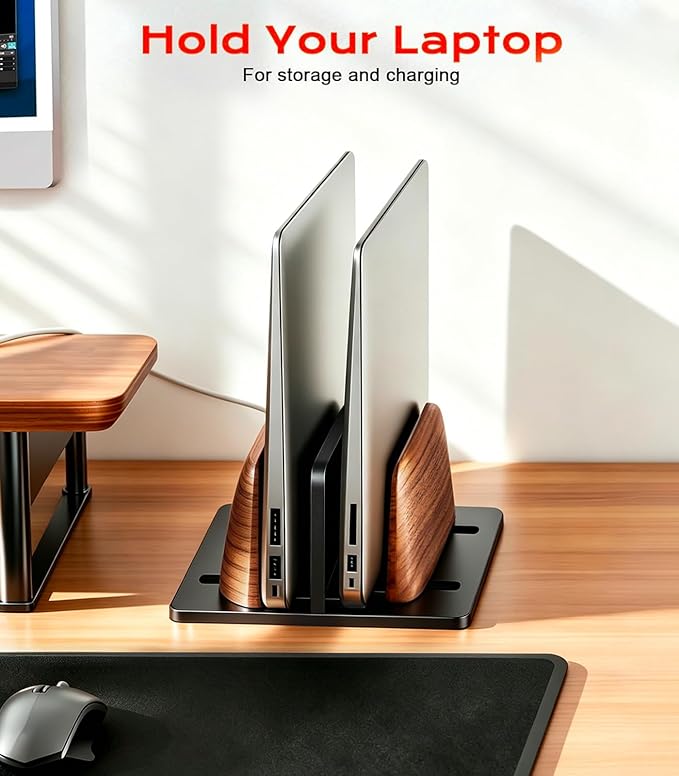 JCZT Vertical Laptop Stand, Walnut Dual Laptop Holder with Adjustable Aluminum Alloy Base Laptop Stand Compatible with All MacBok/Surface/Samsung/HP/Dell/Chrome Book (Black)