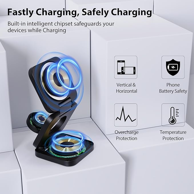 KU XIU Fast Wireless Charger, Magnetic Foldable 3 in 1 Charging Station for iPhone 17/16/15/14/13/12/Pro/Plus/Pro Max, 5W Portable Charger for Apple Watch10/9/8/7/6/5/4/3/SE, for Airpods3/2/Pro-Black
