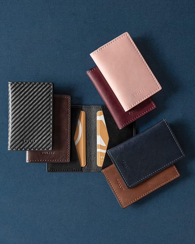 VULKIT Leather Business Card Holder 2 Sided Slim Business Name Card Organizer for Men or Women, Up to hold 20 cards (Vintage Brown)