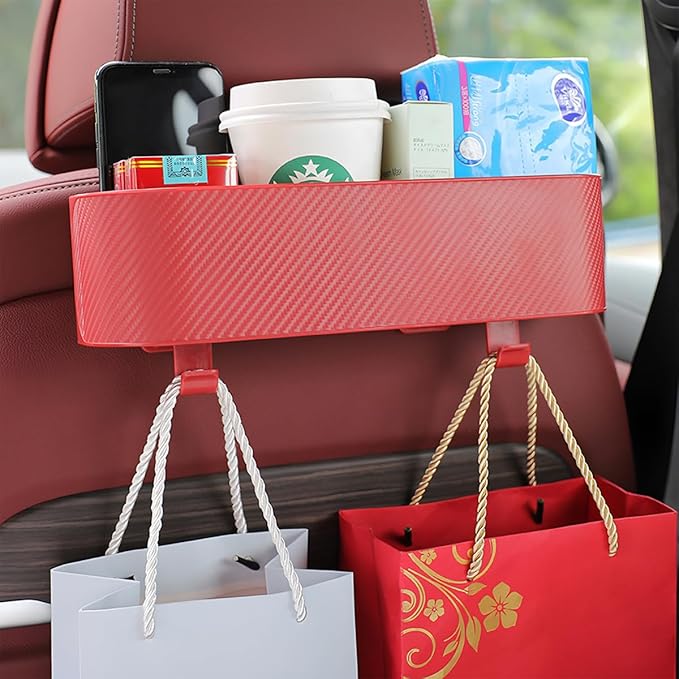 BELOMI 2PCS Car Headrest Backseat Organizer with Cup Holder, Seat Back Hanging Storage Box with Hooks, Multi-Functional Drink Pocket Food Snack Phone Tray for Kids, Car Travel Accessories(Red/2PCS)