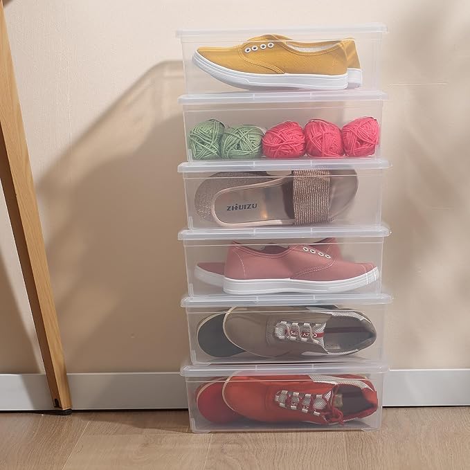 Stackable Clear Storage Bins with Lids Shoe Boxes 12 Packs Plastic Storage Containers 6 Quart Latching Plastic Shoe Boxes With Lids (Clear)
