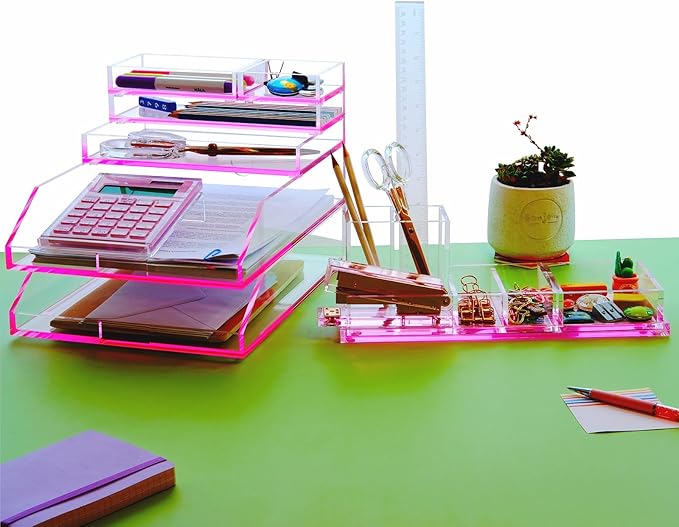 (2pcs Pack) Stackable Pink Acrylic Paper Trays, Desk File Organizer, A4 Paper Holder, Letter Tray