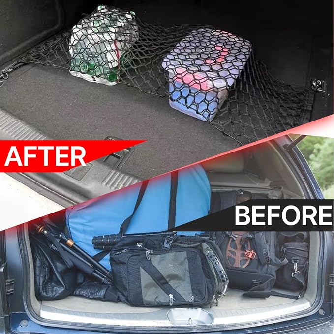 Universal Double Layer Cargo Net for SUV,Stretchable Rear Cargo Net,35.4× 15.8 inch Elastic Trunk Storage Net with Hooks,Black Storage Organizer for Car SUV and Trucks