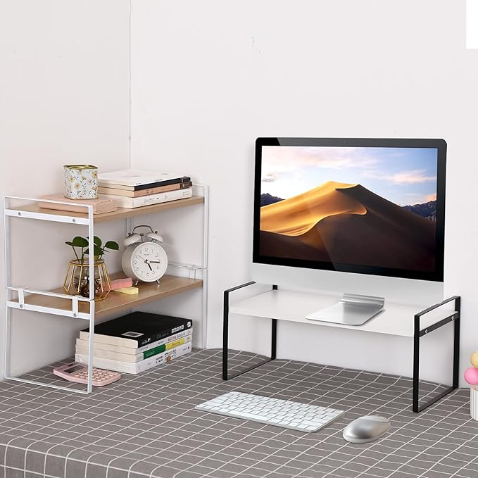 Desk Shelf Organizer for Top of Desk, Detachable 2 Tier Desktop Bookshelf, Wooden Desk Shelves Storage Rack, Small Desktop Shelf for Office Home Dorm, Tabletop Desk Organizer Stand (White+Black)