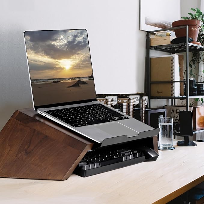 LifeSpan Fitness Ergonomic Wooden Laptop Stand, Desk Riser for 10-17.5" Laptops (19x9.5x3-6", Walnut)