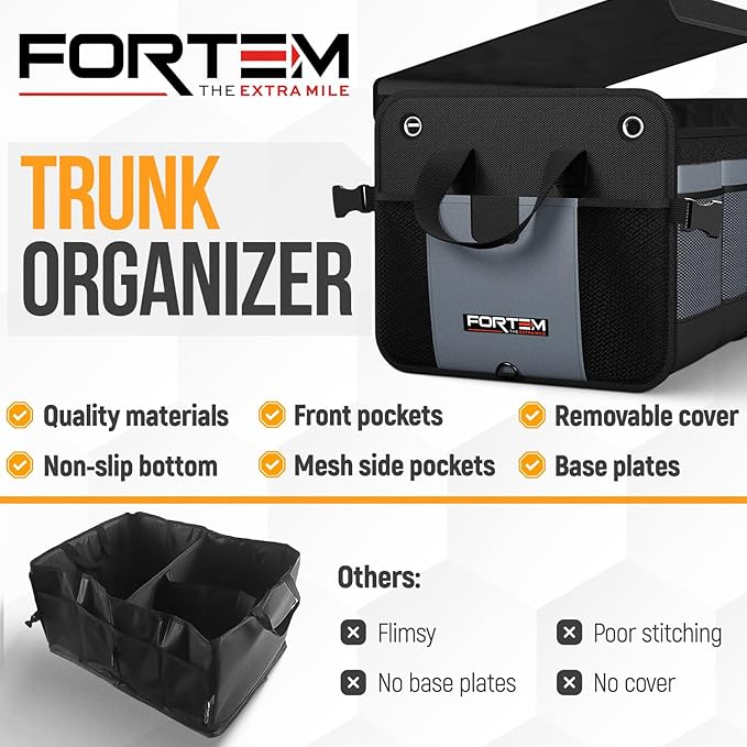 FORTEM Trunk Organizer For SUV Car Organizer and Storage, Multi-Compartment Storage Bag Car Accessories for Women Men, Perfect Christmas Gifts, 1680D Oxford, Non Slip Bottom, Straps, Soft Cover (90L)