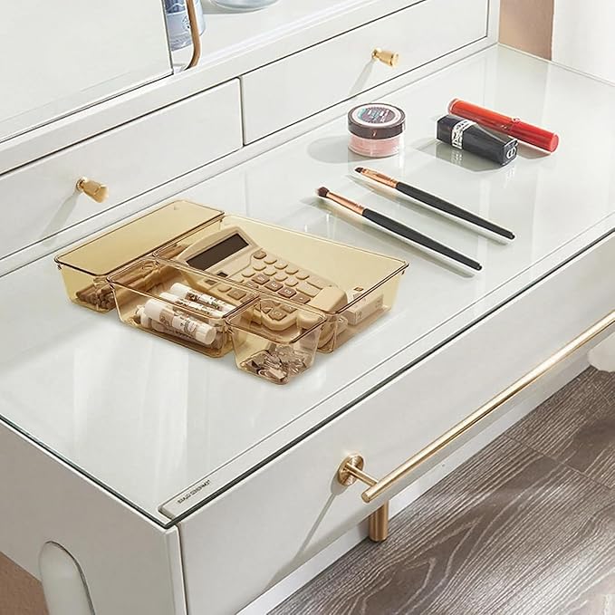 Kitchen Desk Drawer Organizers Storage for Office, Small Acrylic Vanity Trays Makeup Organizer for Drawer Bathroom Plastic Make up Organizers 25 Pcs Clear Champagne