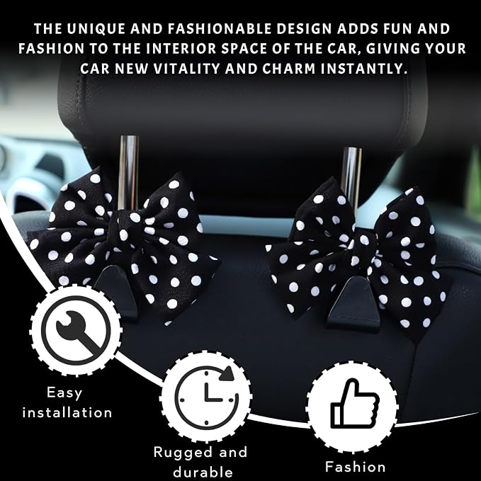 2PCS Car Seat Headrest Hooks, Cute Bow Vehicle Rear Seat Bracket Hook for Purses and Bags, Automotive Purse Hook Hanger, Universal for SUV, Sedan, Truck (Black+Polka Dot)