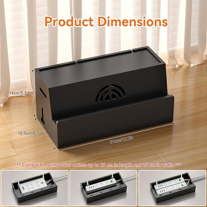 Bamboo Cable Management Box, Black, 31X14X15.5CM, Cable Organizer Box for Desk with Conceal Power Cords and Power Strips, Suitable for Living Rooms, bedrooms, Offices and More