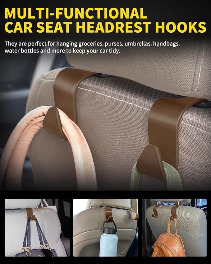 8 Pack Car Seat Headrest Hooks with 44 Pounds Load Capacity, Hangers Storage Organizer Universal Car Interior Accessories for Handbags Water Bottles Purse Coats Umbrellas, Khaki
