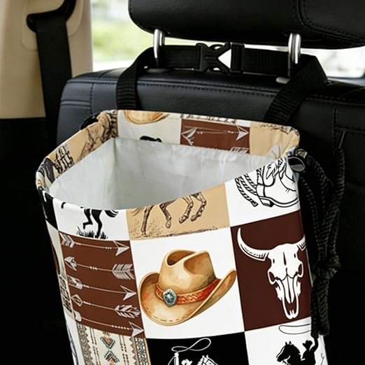 Western Cowboy Car Trash Bag - Waterproof Car Trash Bag Hanging Leakproof Car Garbage Bag - Washable Reusable Trash Bag for Car Interior Hanging Organizer Storage Vehicle Travelling Camping