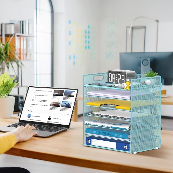 7 Tier Paper Organizer - Mesh Desktop File Holder with Handles for Office School Desk, Black (Blue)