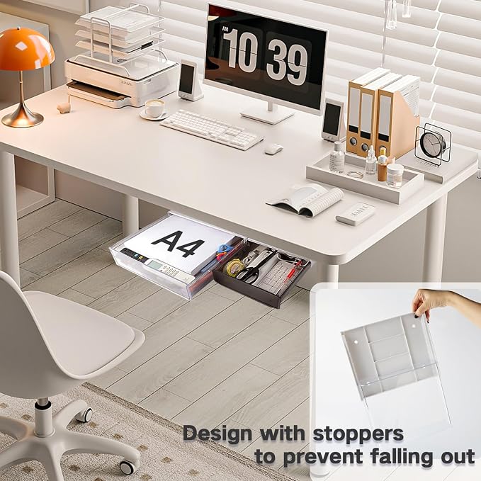 OSPNIEEK Self-adhesive Under Desk Drawer Organizer, 2 Pack Table Hidden Slide Out Large Storage Mounted Desktop Pencil Holder Tray Drawers for Office Home School Stationery Kitchen (XL+L, White)